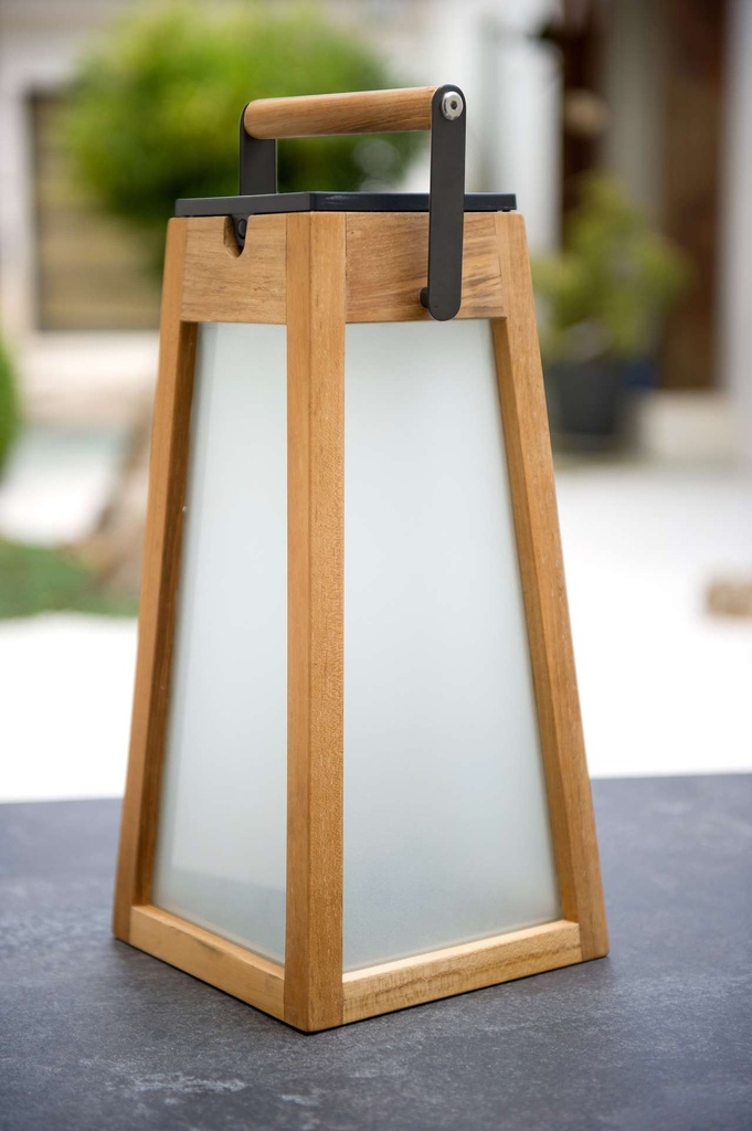 LANTERNE solaire et rechargeable TECKA en teck verre dépoli acrylique - LES JARDINS, LES JARDINS, LANTERNE, TECKA