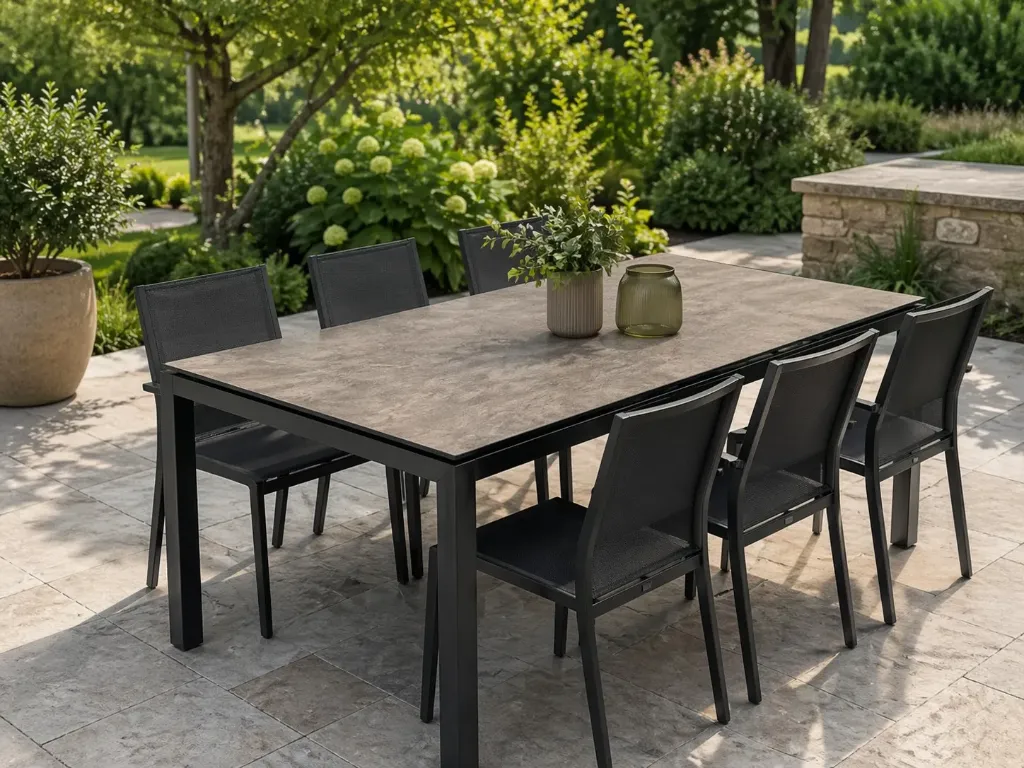 [STERN-104104 102224 418469] Ensemble de jardin STERN Silverstar HPL 200 cm + 6 chaises TOP – qualité allemande haut de gamme